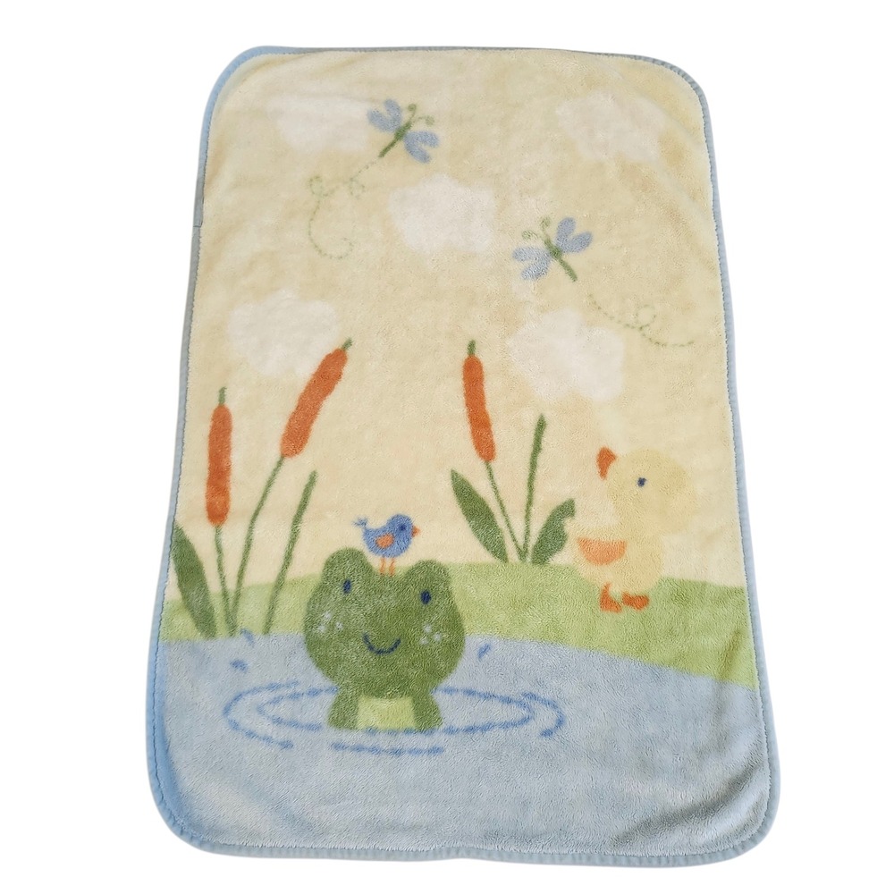 Vintage Carter's Baby Blanket Frog Pond Duck Bird Blue Green Plush Blanket